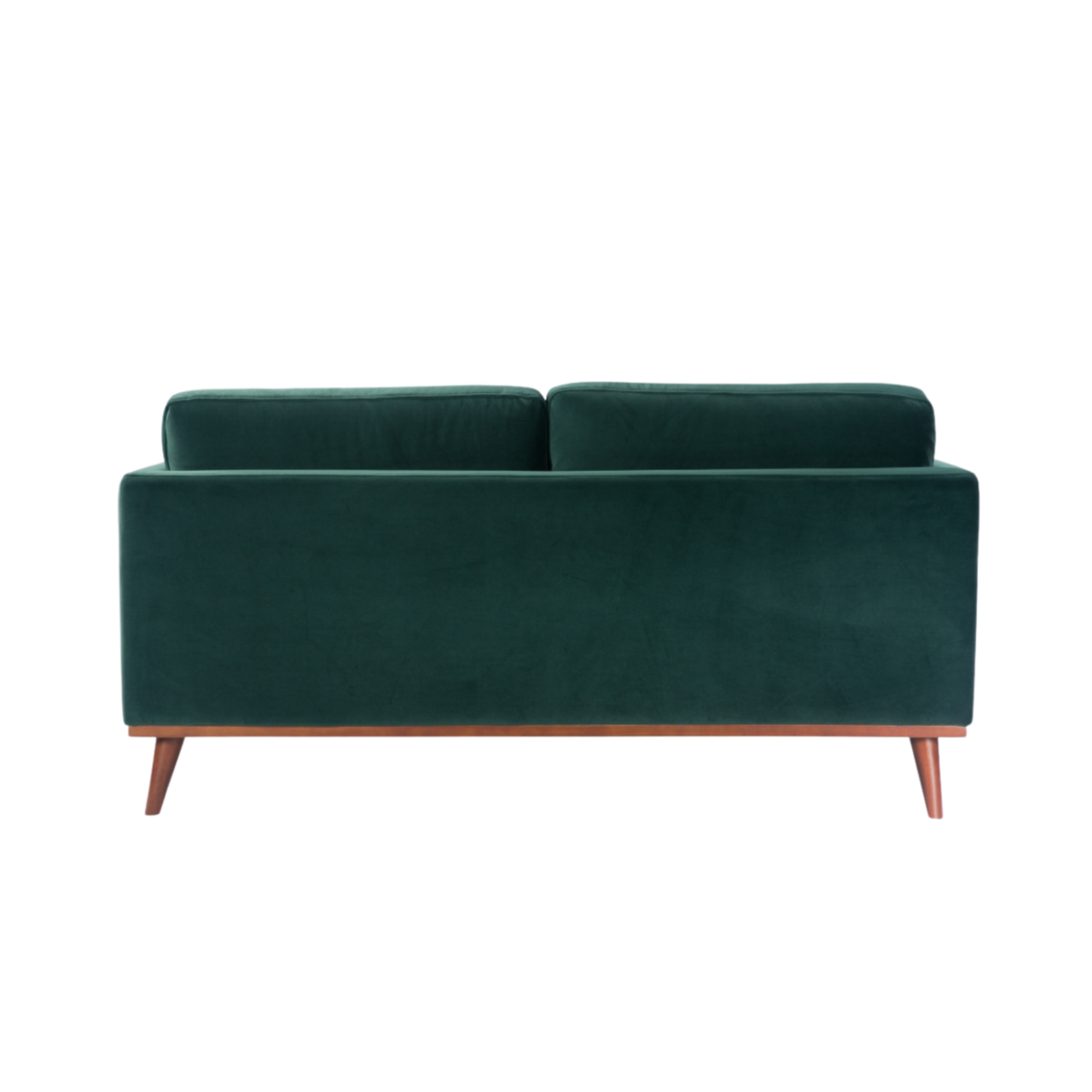 back view of detail of Simple, modern shaped 2 seater sofa in emerald green velvet upholstery