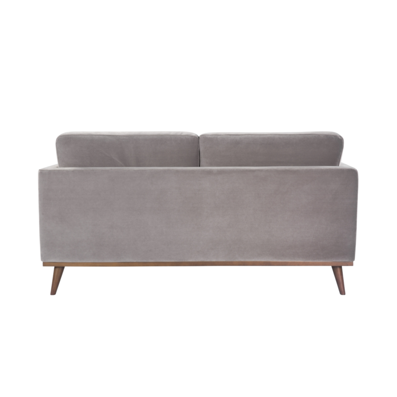 back view of Simple, modern shaped 2 seater sofa in stone grey velvet upholstery