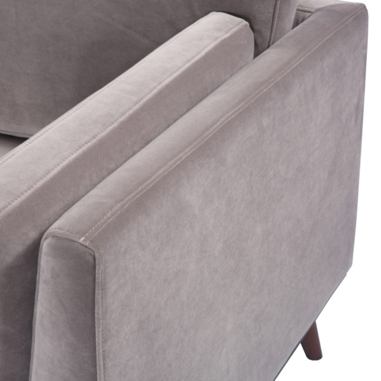 detail view of Simple, modern shaped 2 seater sofa in stone grey velvet upholstery