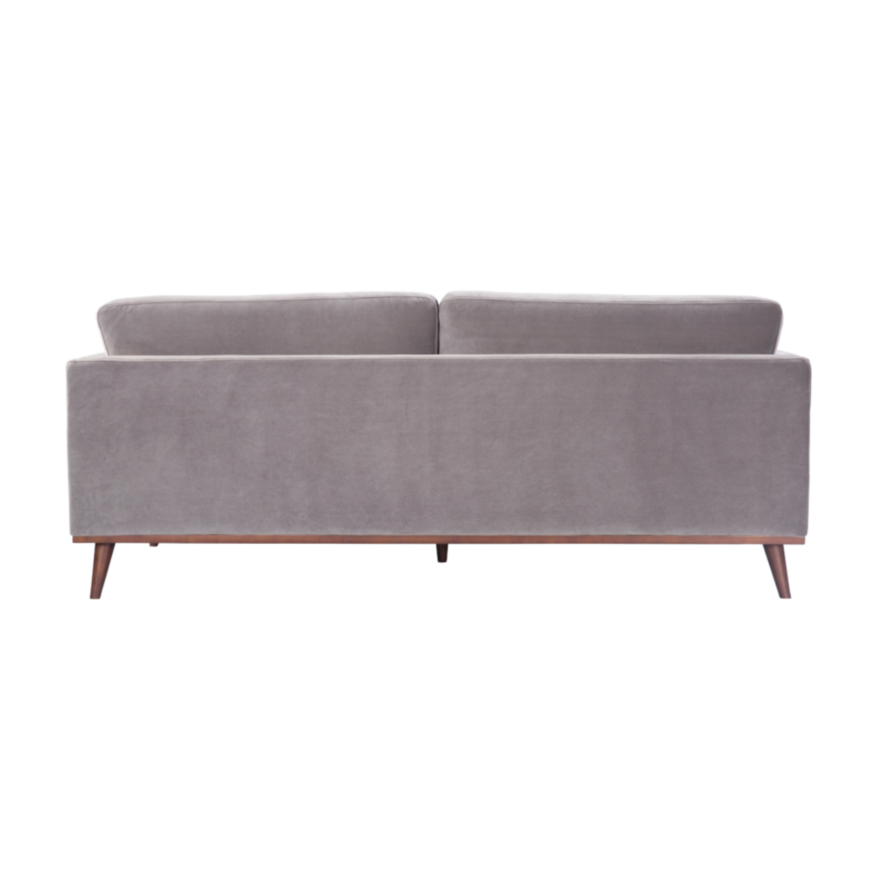 back view of simple modern 3 seater sofa in stone grey velvet upholstery