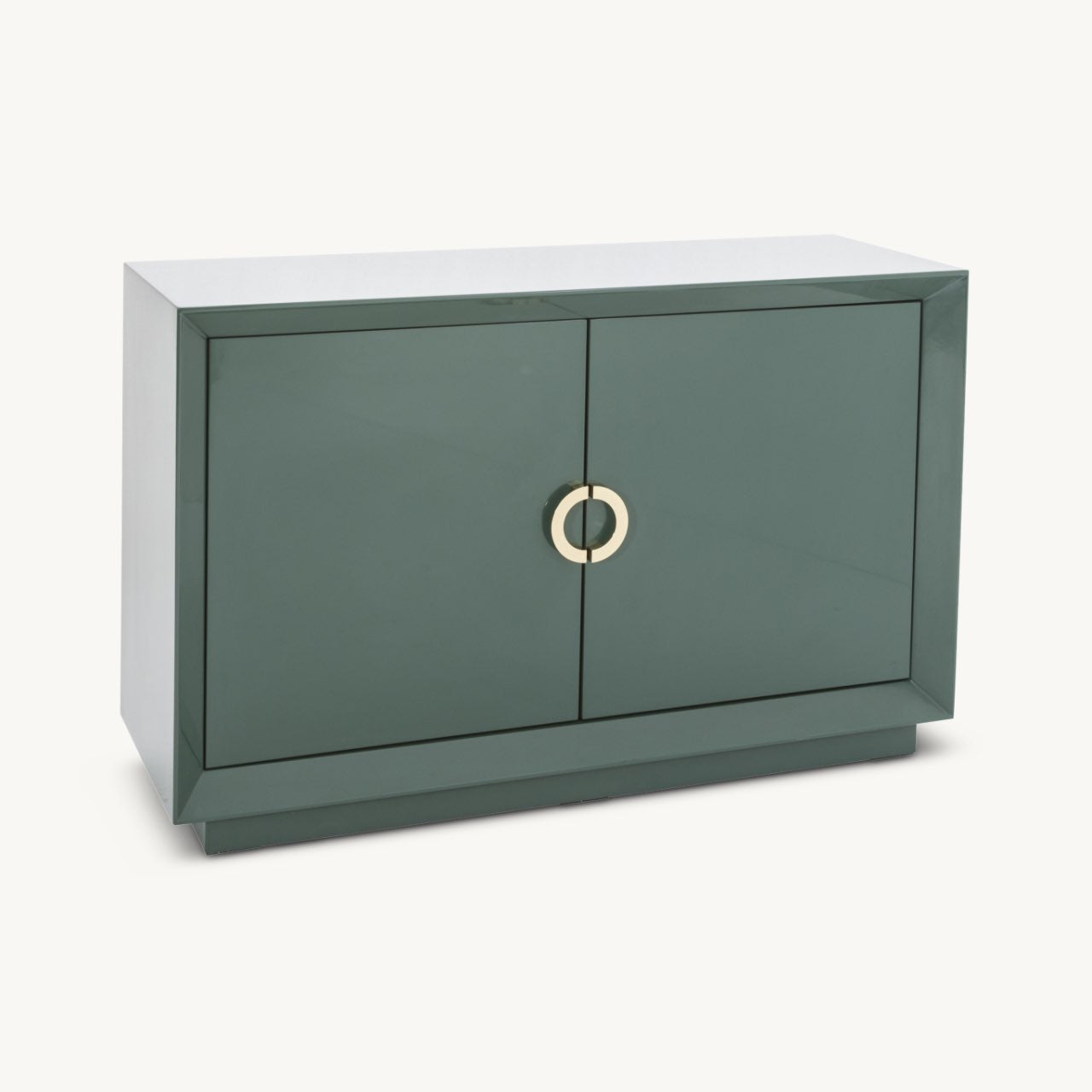 high gloss sideboard in green with simple semi-circle gold handles