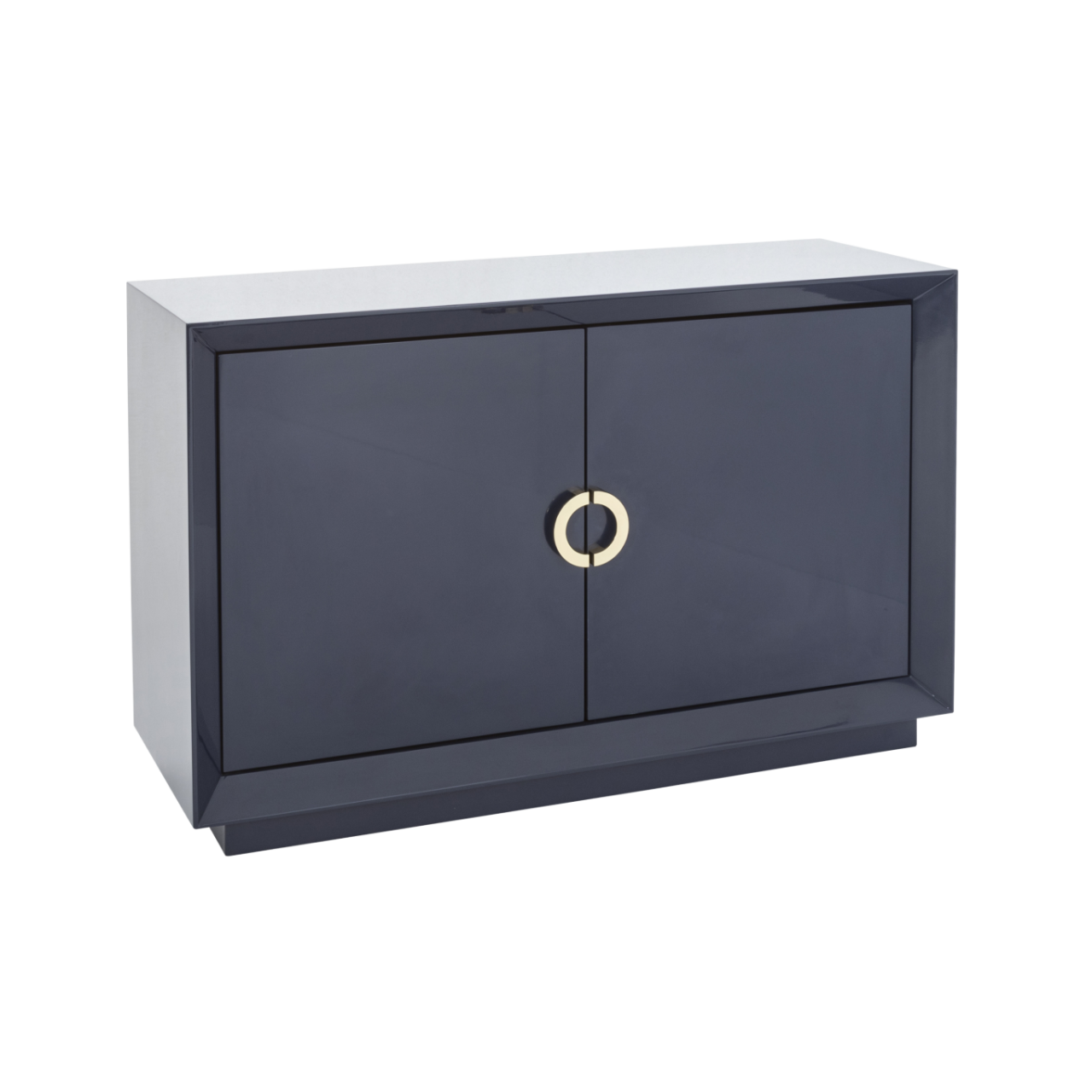 high gloss sideboard in blue with simple semi-circle gold handles