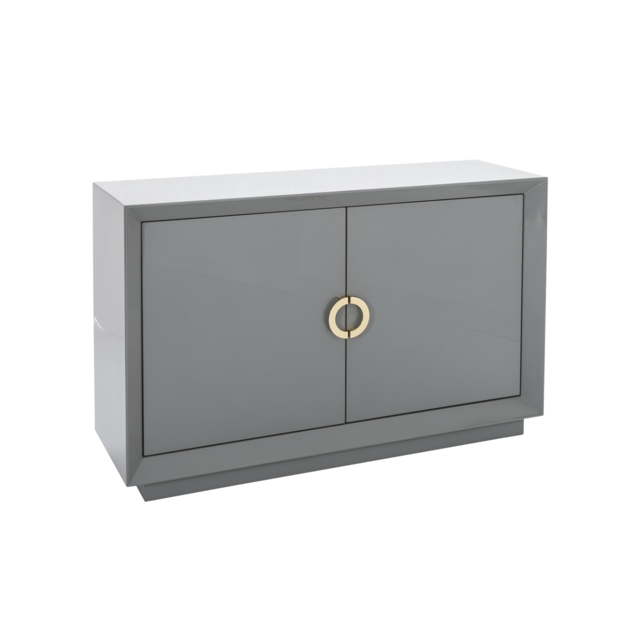 high gloss sideboard in grey with simple semi-circle gold handles