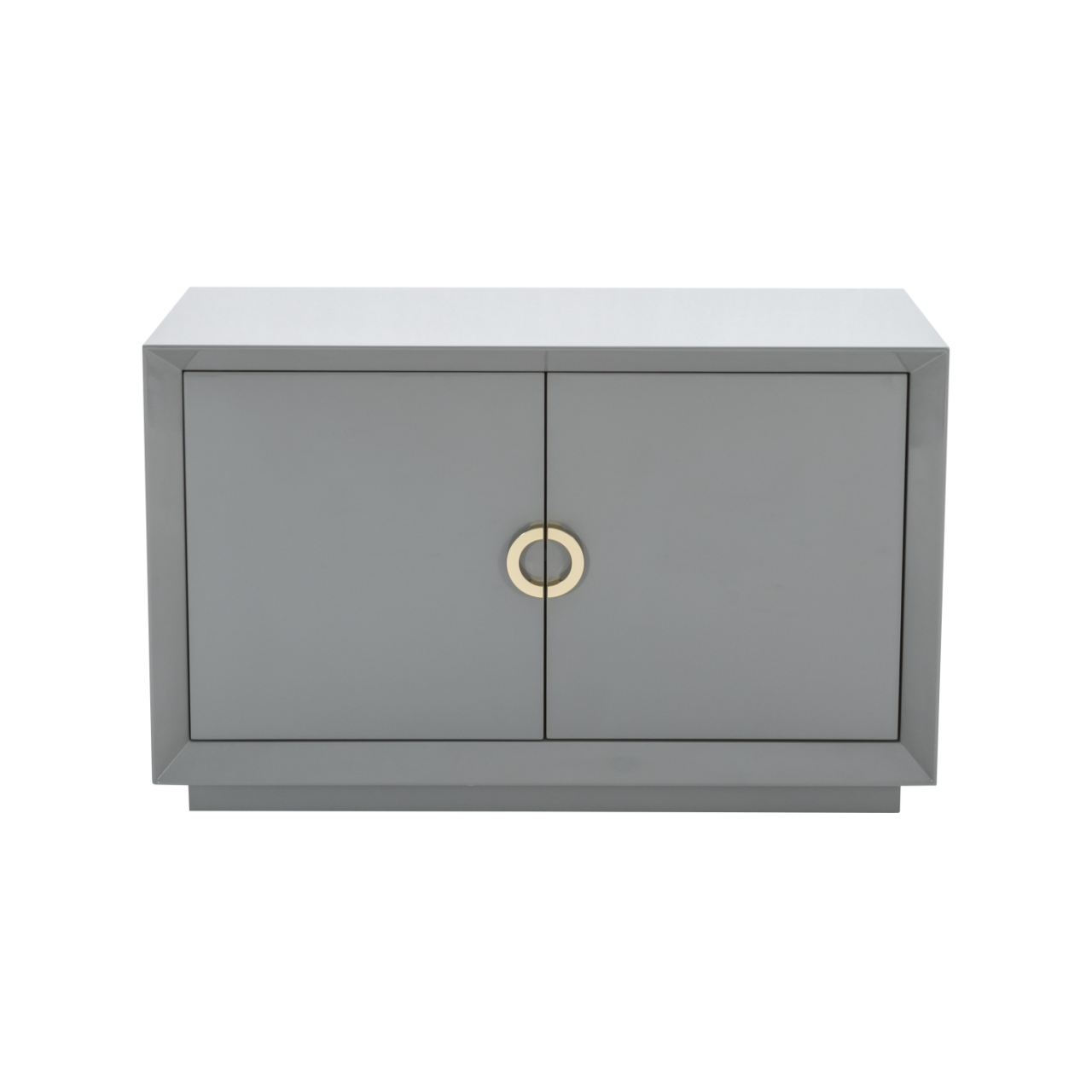high gloss sideboard in grey with simple semi-circle gold handles