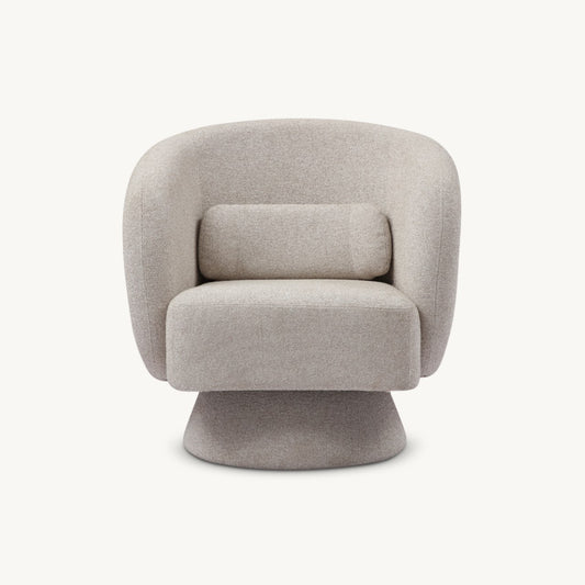 curved modern armchair with central podium foot upholstered in boucle fabric