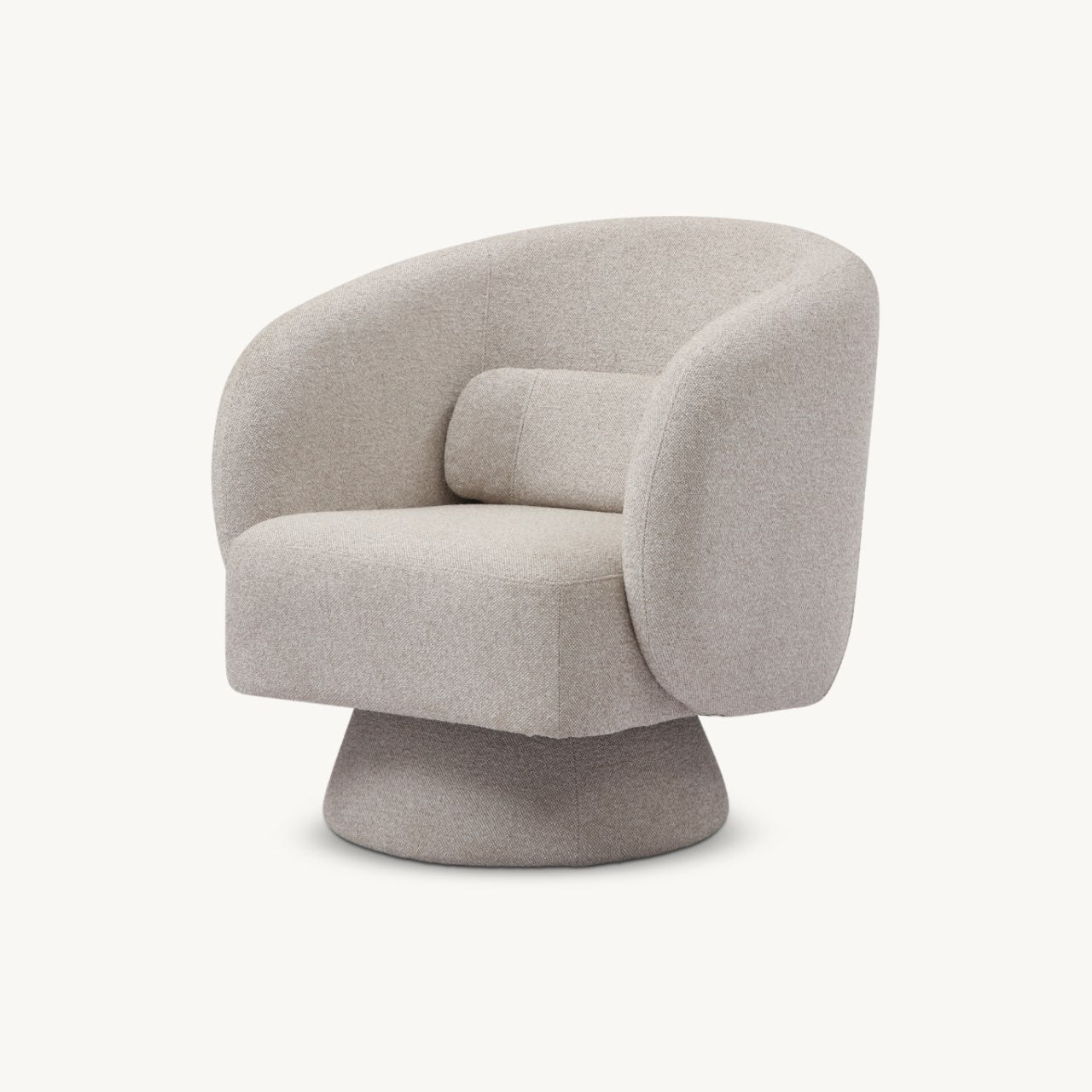 curved modern armchair with central podium foot upholstered in boucle fabric