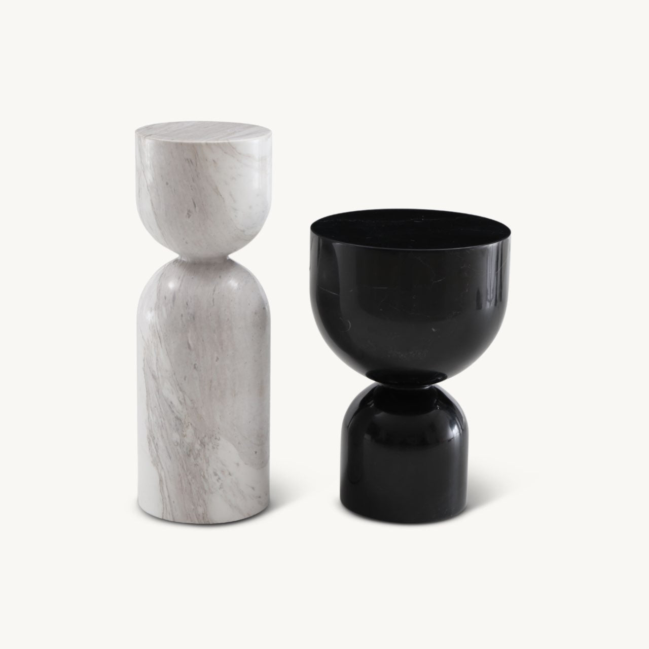 salt white marble side table shown next to Pepper black marble side table