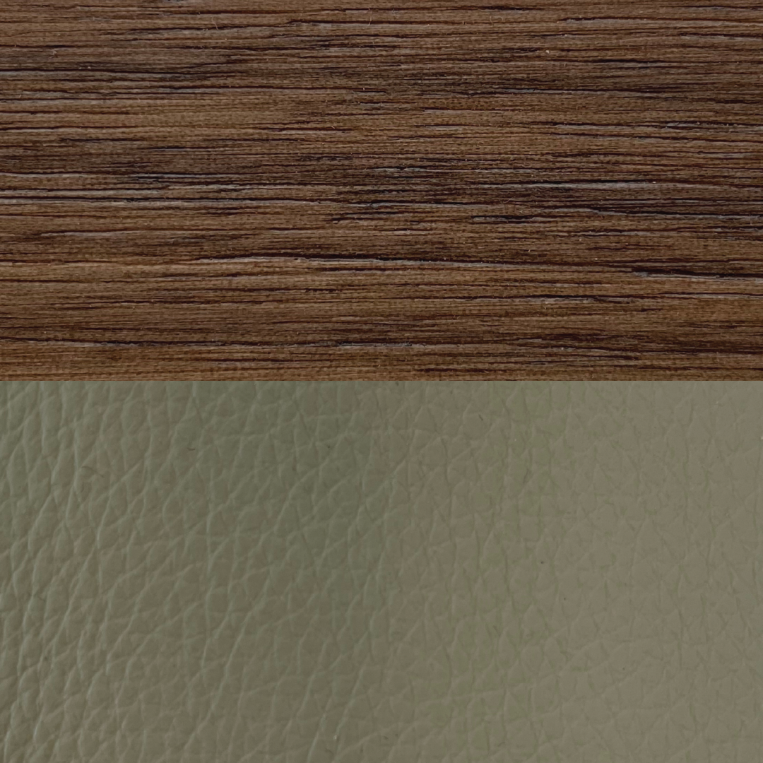 walnut and stone faux leather dining chair detail