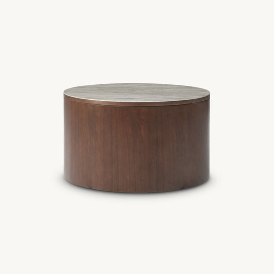 cylindrical wooden coffee table with marble effect glass top